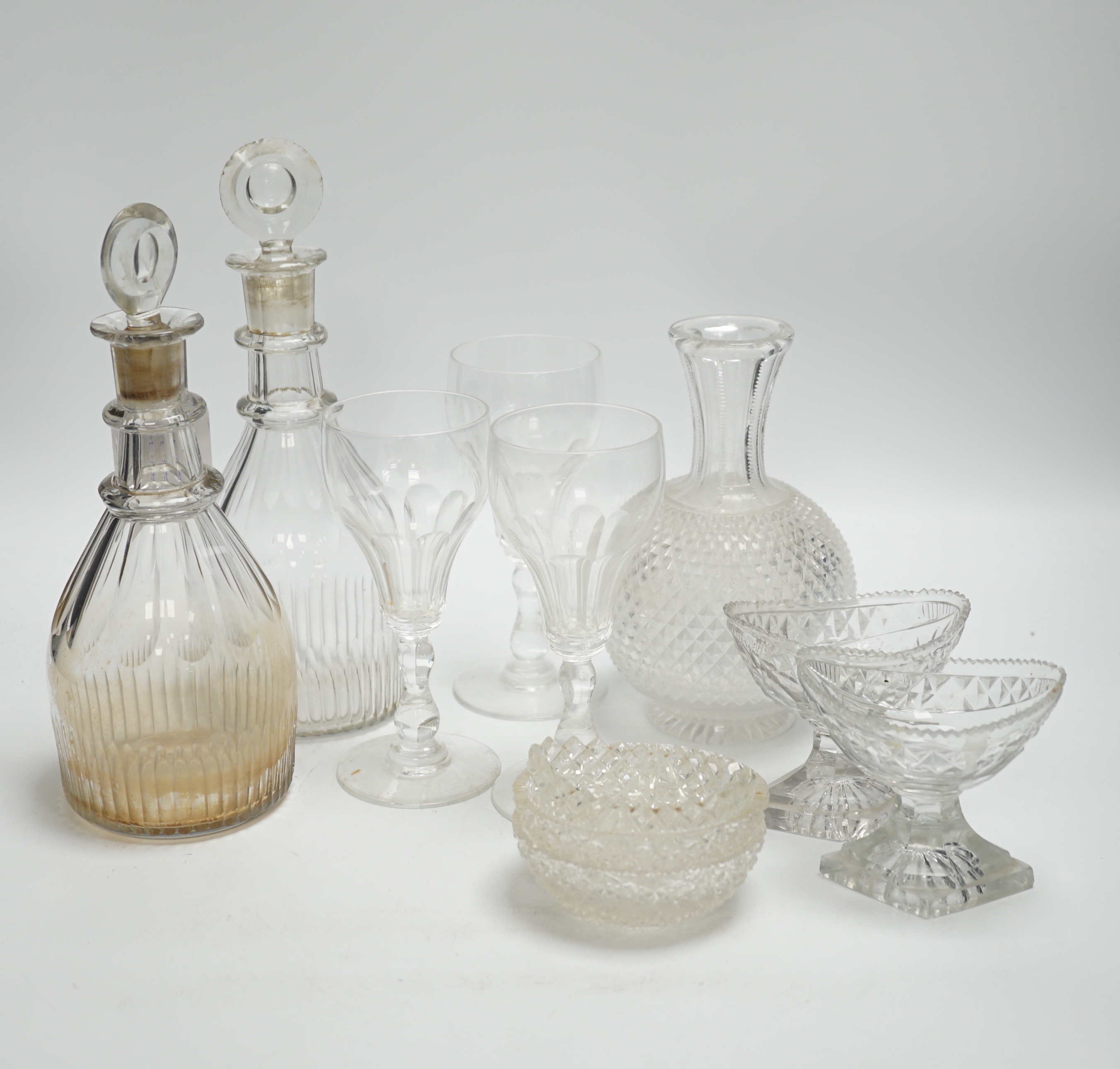 A pair of 19th century cut glass decanters, a collection of salts, etc., decanters 23.5cm including stoppers (11)